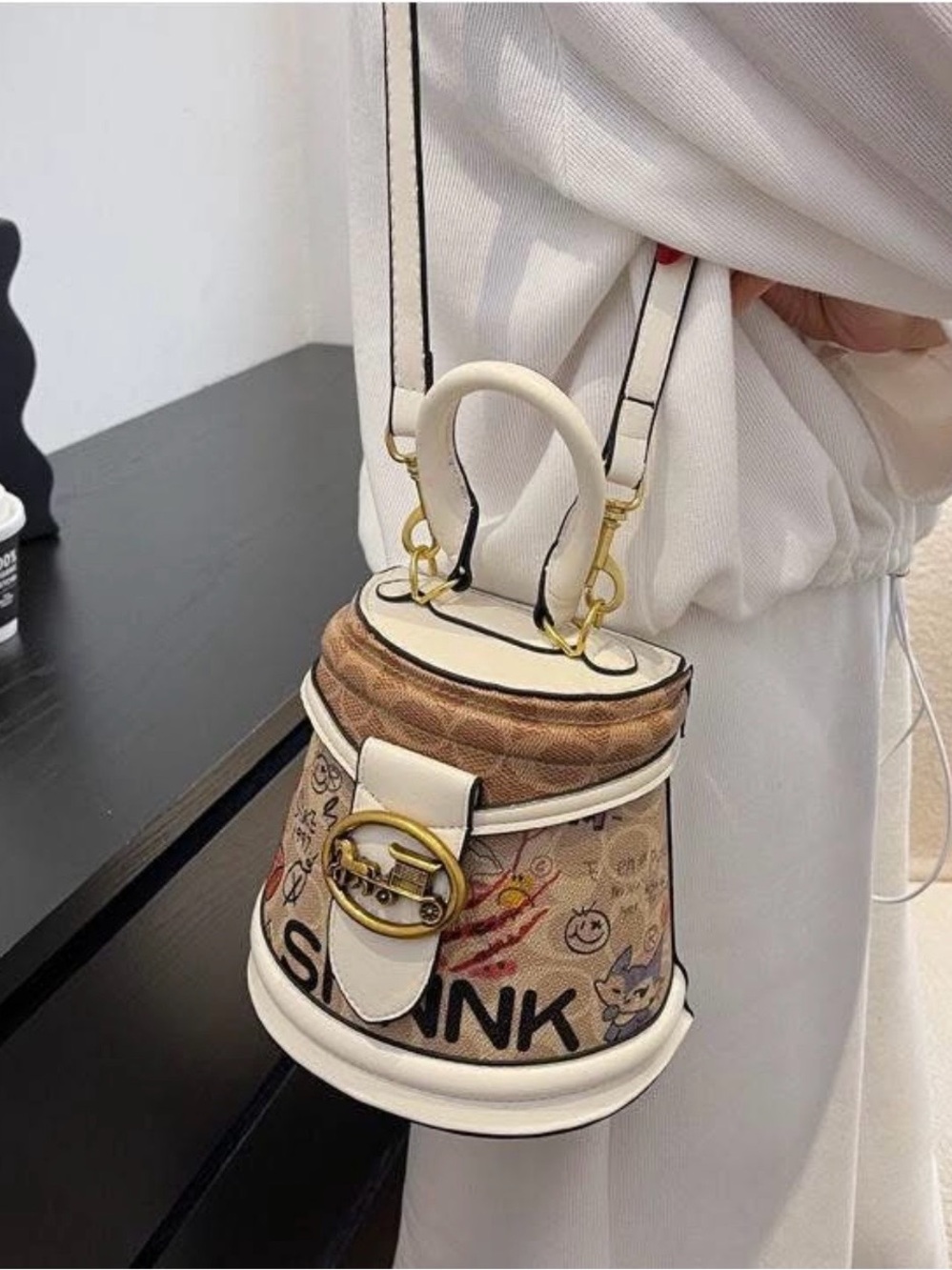 Cream and Tan Printed Bucket Bag with Gold Accent